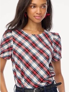J. Crew White Red White Out Plaid Salt Mu
Tartan Puff Sleeve Blouse Shirt L NWT